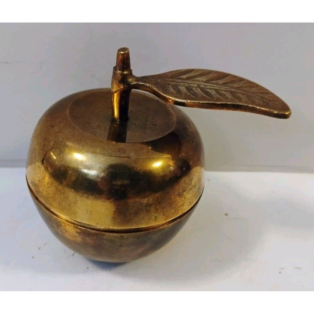 Vintage Solid Brass Apple Trinket Box Mid Century Small Lidded Container 2.75"